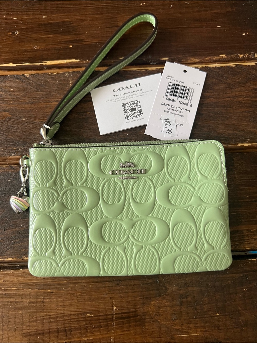 Coach Corner Zip Wristlet in Signature Patent Leather Pale Green